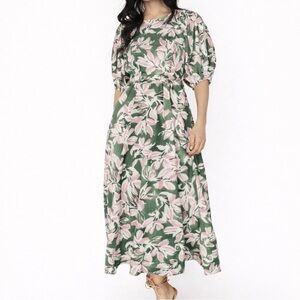 Jade Green Pink Floral Maxi Dress Pockets Tie Waist NWOT Size M